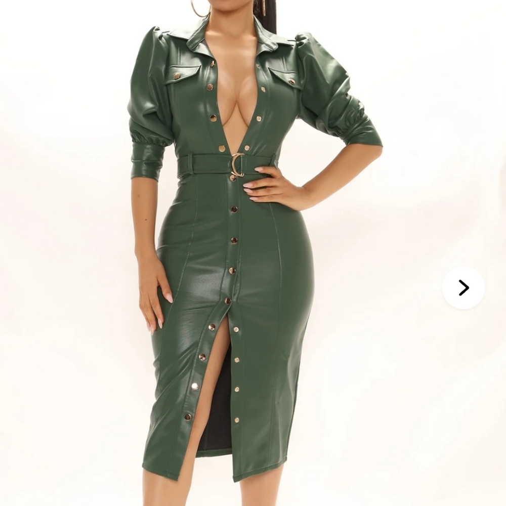 Fashion Nova Deep Green Faux Leather Button-Front Midi Dress